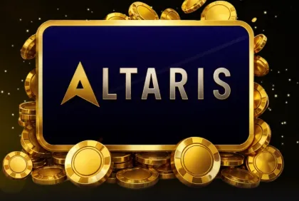 Ekran aplikacji z logo Altaris na tle złotych monet