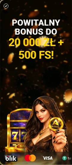 Baner bonusu powitalnego z logotypami BLIK, Mastercard i Visa w Altaris Kasyno
